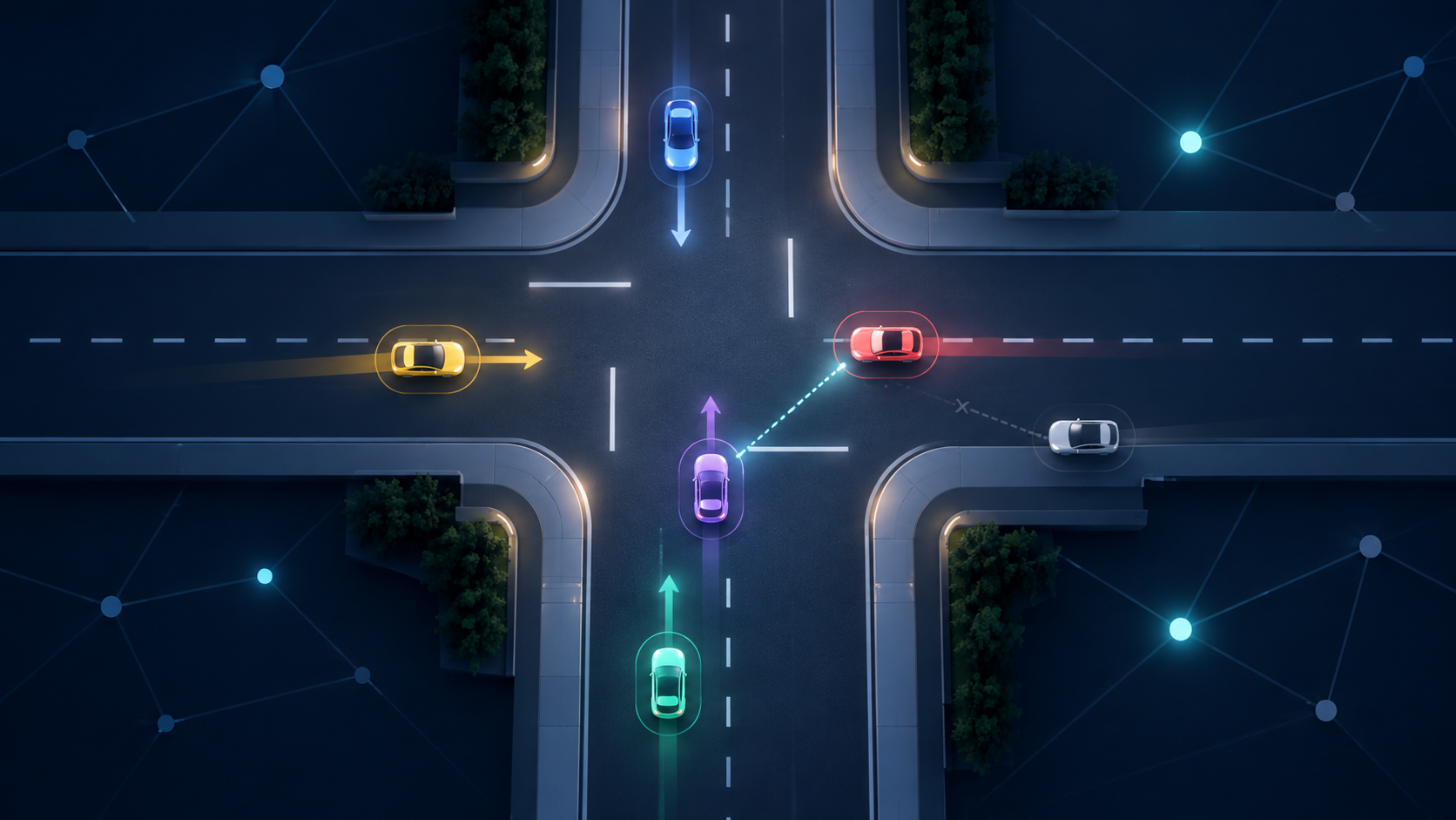 Autonomous vehicles coordinate through a four-way intersection using sparse communication links